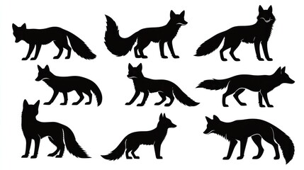 Fox silhouettes, various poses, white background, design element