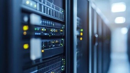 Close-Up Image of Server Rack with Blinking LED Lights in a Data Center Environment
