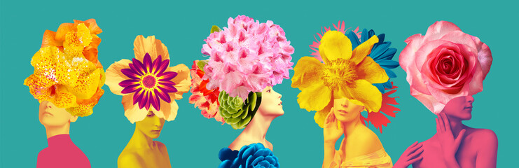 Abstract contemporary art collage portrait of young woman with flowers on face hides her eyes