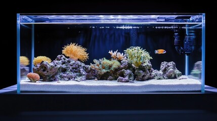 Rectangular aquarium showcasing vibrant marine life.