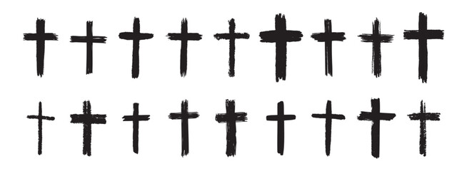hand drawn grunge cross black bold icons set. Christian cross signs collection, cross symbols created with real ink brush isolated on white background.