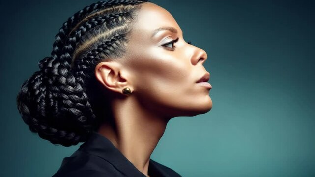 Profile of a sophisticated woman with cornrow braids in an updo, wearing gold earrings, against a teal studio backdrop