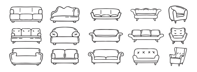 Obraz premium sofa and armchair doodle hand drawn icon set. luxury couch for apartment, comfort sofa models. Outline drawing sofa and armchair line clipart symbol collection