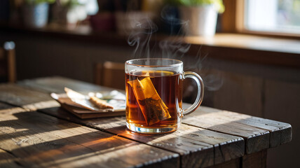 Hot tea brews in a mug with a tea bag