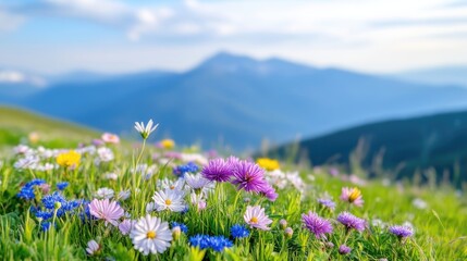 Obraz premium Wildflowers Meadow Blooms Vibrant Nature High-resolution Landscape Close-up view Diverse species Blooming hillside Mountain backdrop Bright cheerful tones Perfect for nature calendars