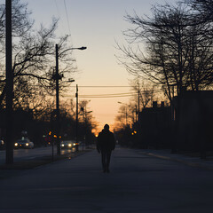 A man walks down a street at dusk