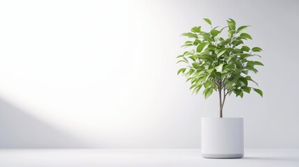 Minimalist plant in a white pot against a bright white wall. Soft light illuminates the scene