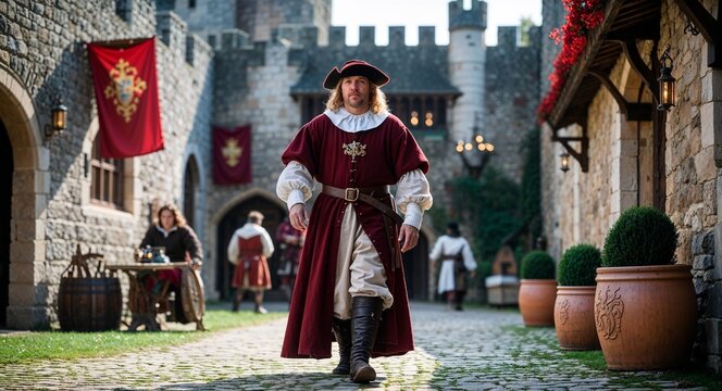 Renaissance reenactor strolling through a castle courtyard