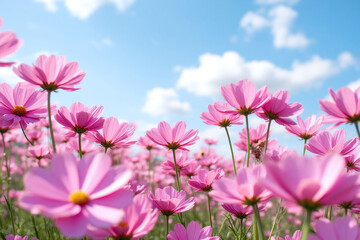 Fototapeta premium field of pink flowers with a blue sky in the background