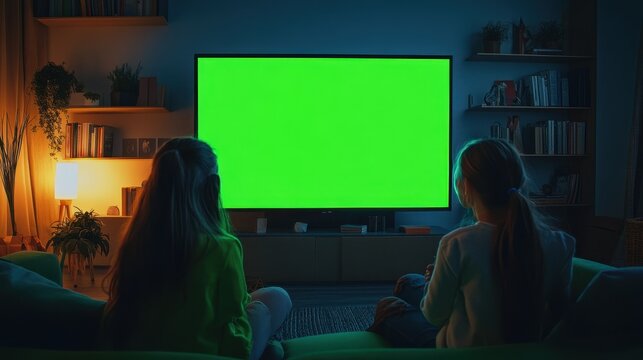 Two girls watch a green screen TV in a cozy living room at night