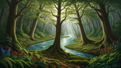 A towering forest with colossal trees reaching skyward. The forest is bathed in soft light as the leaves rustle in the breeze, creating a peaceful and majestic atmosphere of natural beauty.