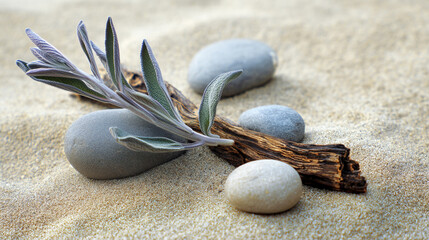 Serene Sage Twig Among Pebble Rocks, Spa still life with flowers, sand and zen stone.