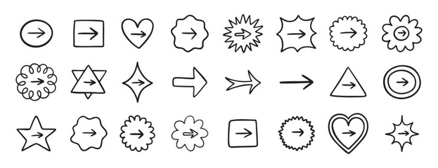 Cute arrow in frame set for bullet journal doodle hand drawn icon set. Diary note arrow elements in the shape of flower, star, heart, circle.