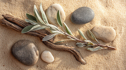 Zen Garden Close-Up: Sage Plant with Smooth Stones on Fine Sand, Bowl of water with a delicate flower floating on the surface in a serene setting