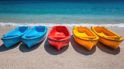 Obraz premium Brightly colored paddleboats lined up on a pristine tropical beach