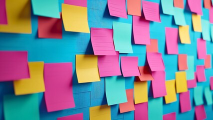 Colorful sticky notes covering a wall, a visual representation of ideas, reminders, and tasks
