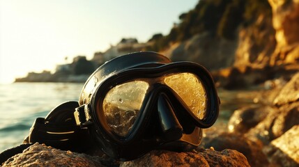 Bright snorkel mask and fins abandoned on a sunlit rocky shore