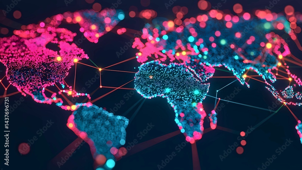 Poster world map of interconnected network. glowing points across continents illustrate a global network, r