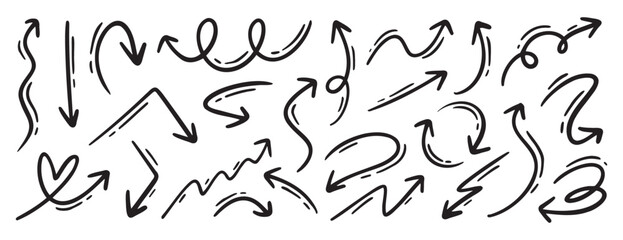 Hand drawn vector arrows doodle set on white background. dynamic arrows element