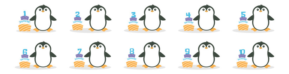 Cute penguin character and cake with number vector set. Beautiful elements for Kids Birthday Party invitation, greeting card, poster, event, prints and cake toppers design