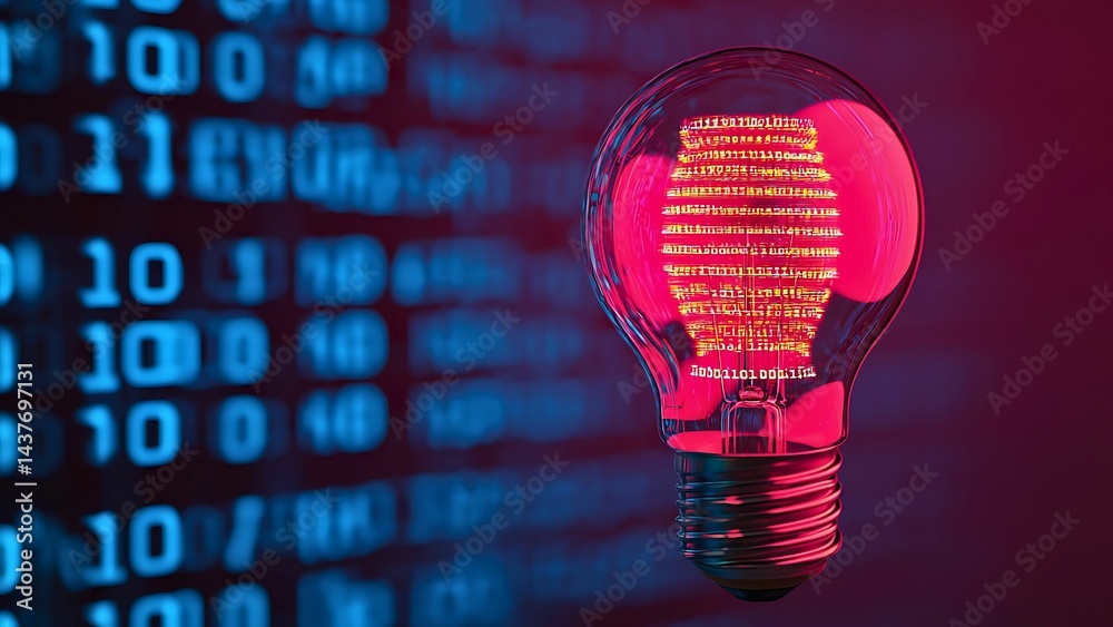 Poster illuminating innovation: a creative light bulb idea with binary code in the background