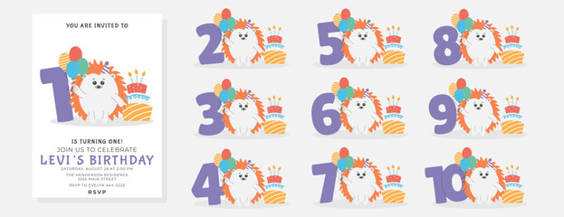 Greeting and invitation card for kids Birthday party. Cute baby hedgehog, balloons,cake,numbers in flat childrens style. Vector illustration, design for card, poster