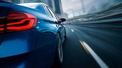High-speed car racing down urban highway with motion blur effect,