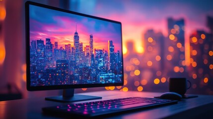 Computer monitor and keyboard on desk with cityscape background at dusk or dawn.