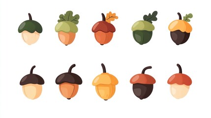 Collection of colorful acorns displayed on white background for seasonal decoration