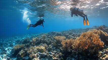 Divers Exploring Vibrant Coral Reef Beneath Clear Blue Ocean Surface