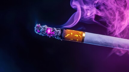A glowing cigarette tip with trails of purple smoke drifting dramatically in darkness, embodying danger and allure