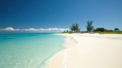 Golden sandy beach stretching under a bright blue sky, gentle waves kissing the shore