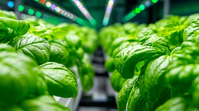 Close-up Rows of Vibrant Green Basil Plants in Vertical Farm under LED Grow Lights with Controlled Environment, Indoor Agriculture, and Sustainable Cultivation