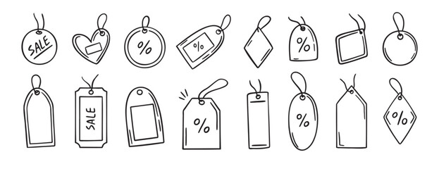 Price tag for sale or gift label doodle hand drawn icon set. Outline drawing price sale tag ribbon, discount label line clipart symbol collection.