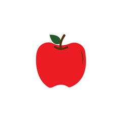 A simple, stylized apple having a brown stem and single green leaf.