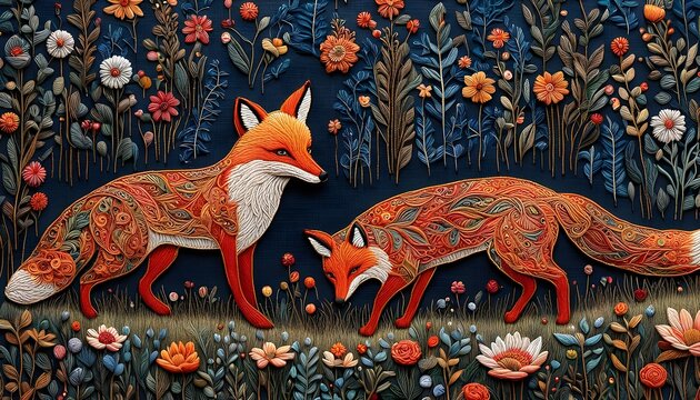 Embroidery Art Fox And Wildflowers Handmade