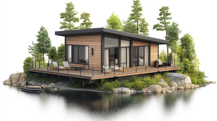 Obraz premium Modern vacation home with large windows and wooden exterior, surrounded by nature beauty