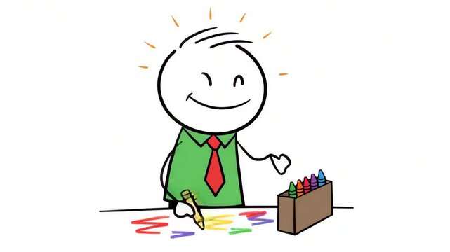 Joyful Stick Figure Artist Creating Colorful Crayon Artwork