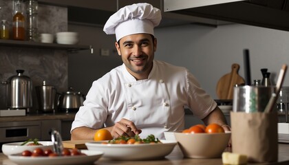 Smiling Chef Prepares Salad In Professional Kitchen Setting