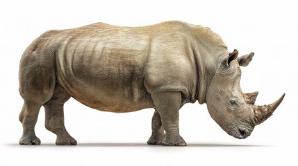Fototapeta premium Full-Body Profile View of Adult African Rhino Isolated on White Background