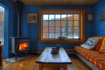 Fototapeta premium Cozy interior with wood stove window and sofa autumn landscape outside.