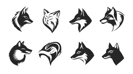 Eight fox head illustrations; white background; logo design