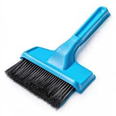 Close up of a blue brush with bristles on a plain surface on white background