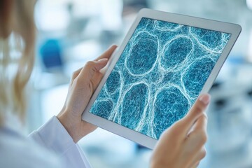 Medical student reviewing skin cancer stages on digital tablet 