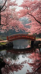 A serene cherry blossom bridge reflecting in a tranquil pond.