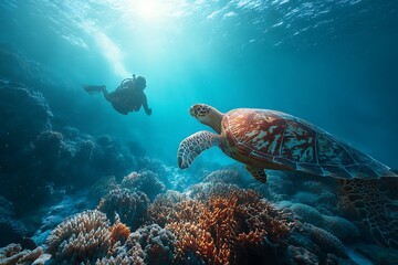 A scuba diver gracefully swimming alongside a majestic sea turtle over a vibrant coral reef, surrounded by crystal-clear tropical water, peaceful atmosphere, empty space for copy.