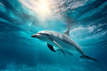 Fototapeta premium A dolphin joyfully swimming near the surface of the clear blue ocean, sunlight filtering through the waves, vibrant and lively marine scene, plenty of empty space.