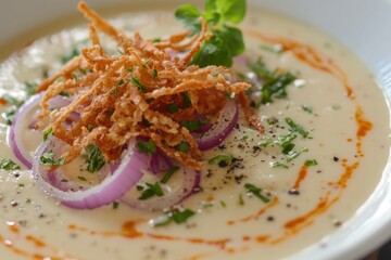 creamy soup topped with crispy red onion strings and herbs