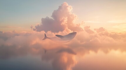 A surreal scene where a giant transparent whale swims through the clouds