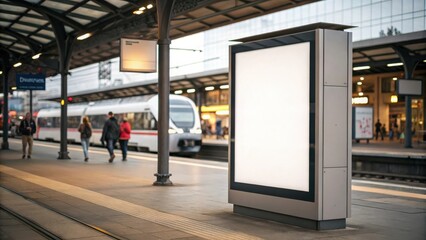 Large empty advertising billboard on a bustling railway platform with people boarding modern trains in a bright urban station.